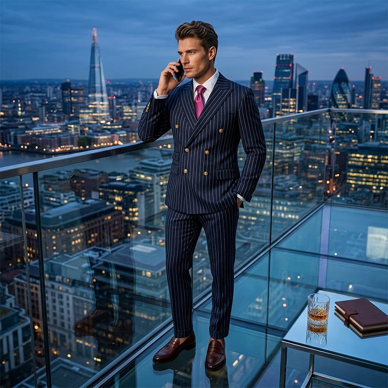 Abito gessato da uomo 👔 Effetto snellente e allungante, doppiopetto con revers a punta, vestibilità slim 💼 Adatto per lavoro e matrimoni 🏆