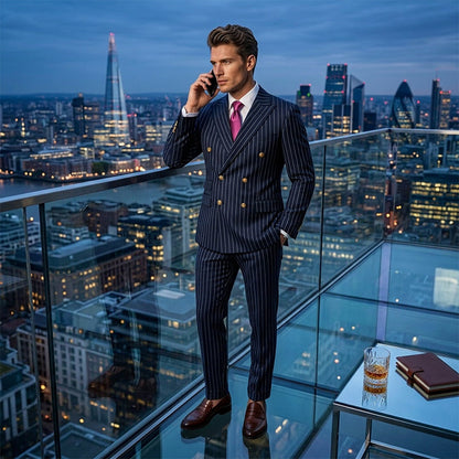Abito gessato da uomo 👔 Effetto snellente e allungante, doppiopetto con revers a punta, vestibilità slim 💼 Adatto per lavoro e matrimoni 🏆
