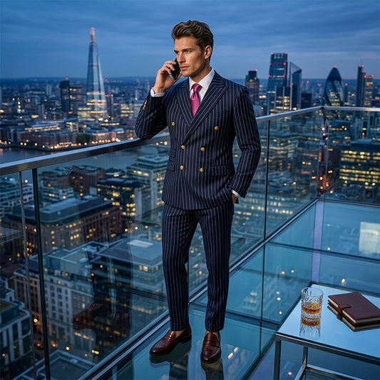 Abito gessato da uomo 👔 Effetto snellente e allungante, doppiopetto con revers a punta, vestibilità slim 💼 Adatto per lavoro e matrimoni 🏆