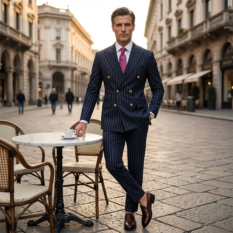 Abito gessato da uomo 👔 Effetto snellente e allungante, doppiopetto con revers a punta, vestibilità slim 💼 Adatto per lavoro e matrimoni 🏆