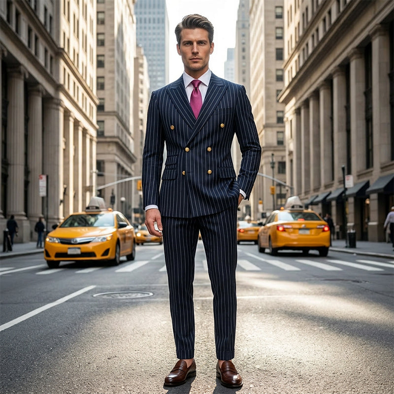 Abito gessato da uomo 👔 Effetto snellente e allungante, doppiopetto con revers a punta, vestibilità slim 💼 Adatto per lavoro e matrimoni 🏆