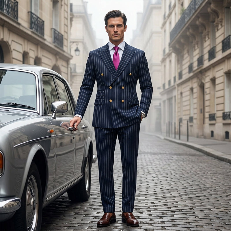 Abito gessato da uomo 👔 Effetto snellente e allungante, doppiopetto con revers a punta, vestibilità slim 💼 Adatto per lavoro e matrimoni 🏆
