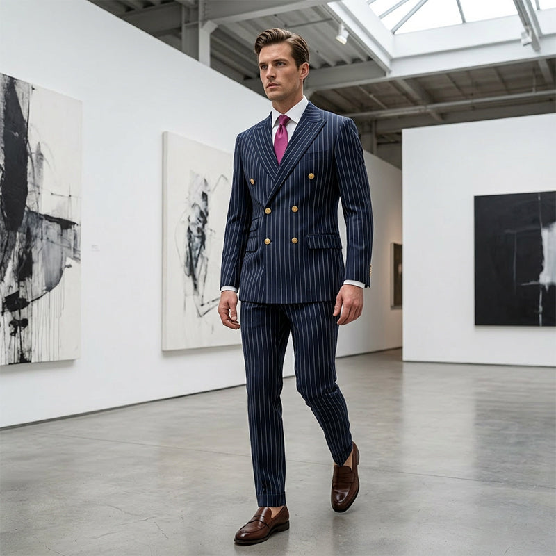 Abito gessato da uomo 👔 Effetto snellente e allungante, doppiopetto con revers a punta, vestibilità slim 💼 Adatto per lavoro e matrimoni 🏆