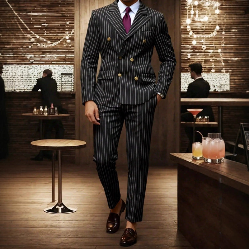 Abito gessato da uomo 👔 Effetto snellente e allungante, doppiopetto con revers a punta, vestibilità slim 💼 Adatto per lavoro e matrimoni 🏆