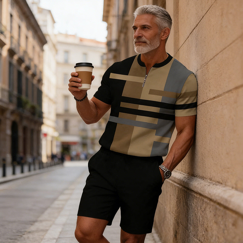 🔥SCONTO DEL 60%🔥 Completo da uomo composto da camicia con cerniera a un quarto e pantaloncini