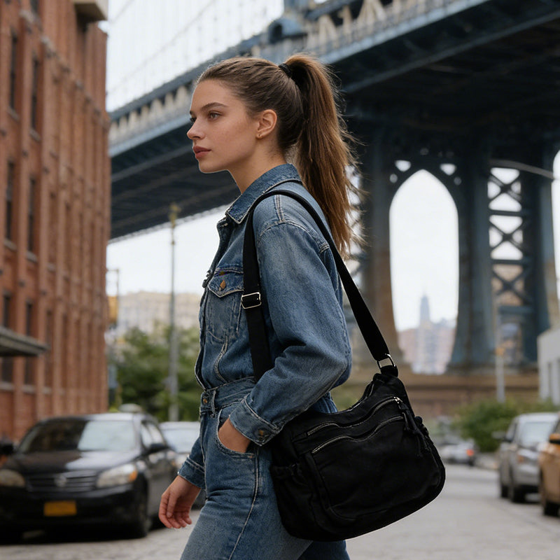 Borsa in tela multi-tasche 🎒 Leggera e resistente, tracolla regolabile, può essere indossata a spalla o a tracolla 👜