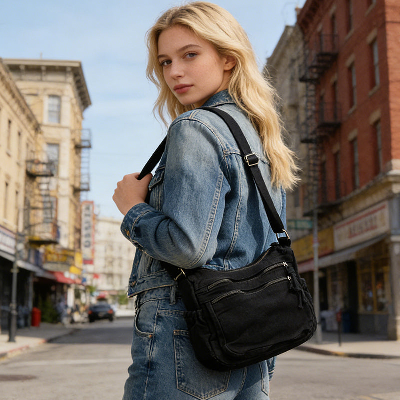 Borsa in tela multi-tasche 🎒 Leggera e resistente, tracolla regolabile, può essere indossata a spalla o a tracolla 👜