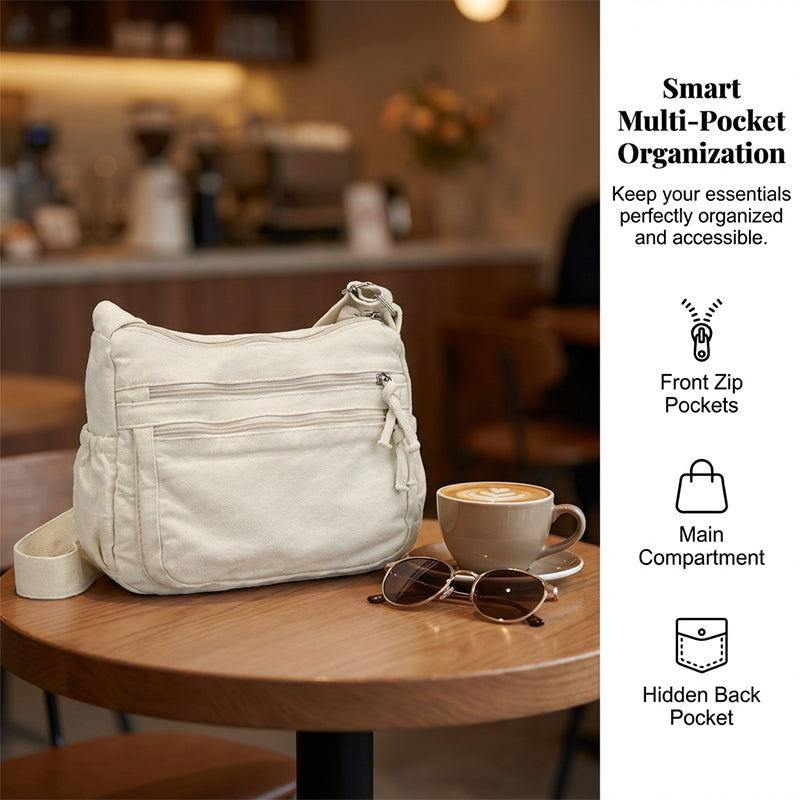 Borsa in tela multi-tasche 🎒 Leggera e resistente, tracolla regolabile, può essere indossata a spalla o a tracolla 👜