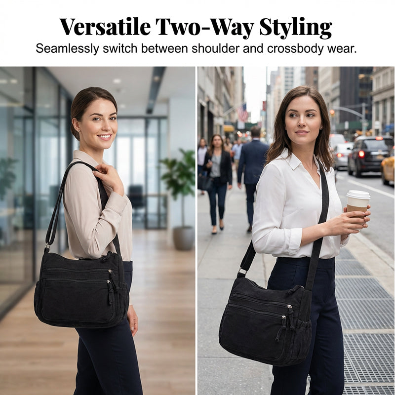 Borsa in tela multi-tasche 🎒 Leggera e resistente, tracolla regolabile, può essere indossata a spalla o a tracolla 👜