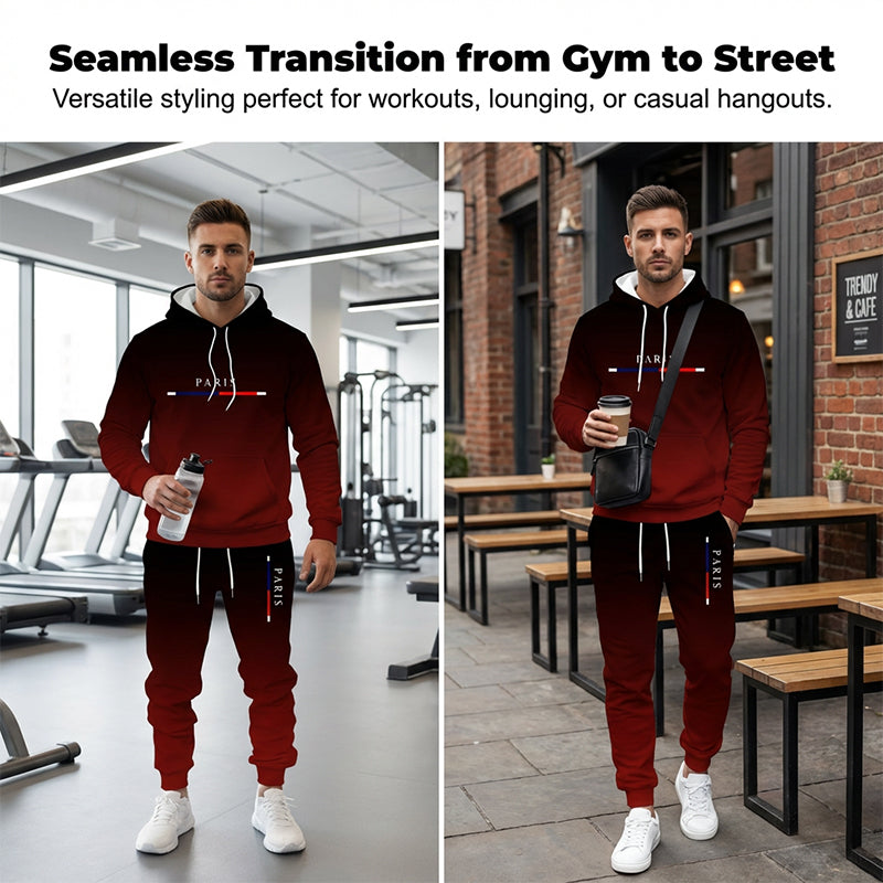 Completo Sportivo con Sfumatura dal Nero al Rosso 🔥 Composto da Felpa con Cappuccio e Pantaloni — Dotato di Tasca a Marsupio e Coulisse in Vita. Perfetto sia per la Palestra che per la Città! 💪