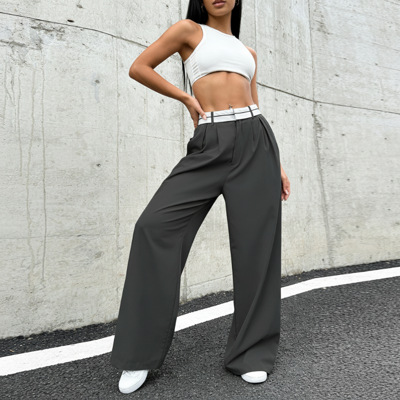 Eleganti pantaloni a gamba larga 💃 Fascia in vita a contrasto + vita alta ✨ Perfetti per il lavoro o per lo shopping 👜