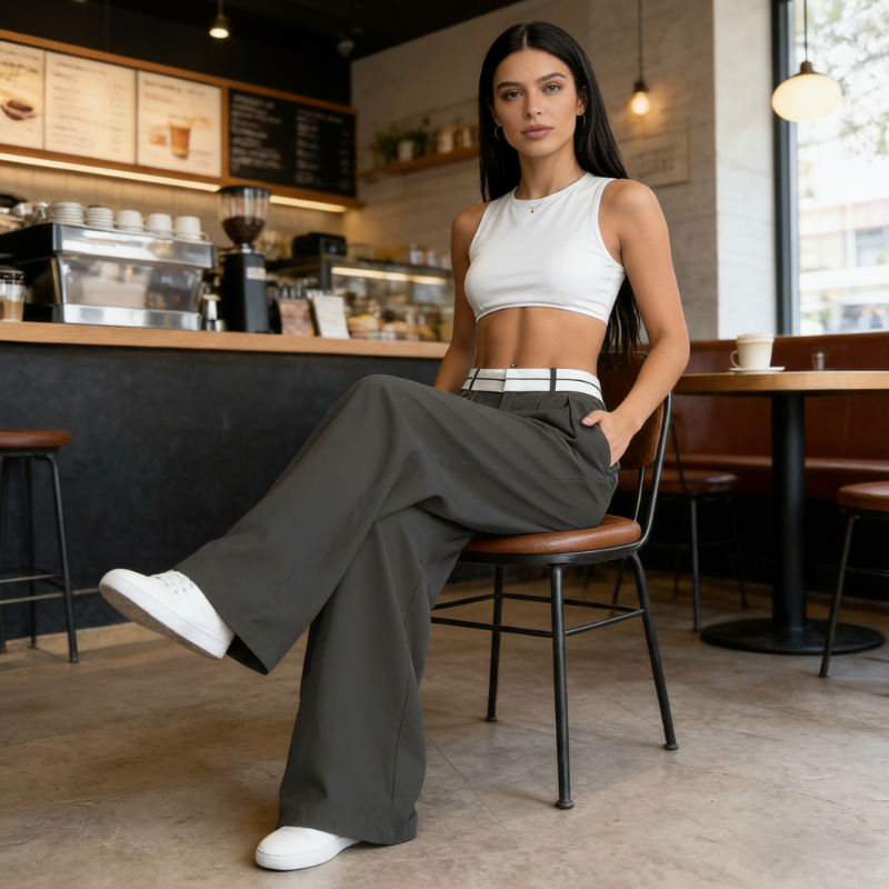 Eleganti pantaloni a gamba larga 💃 Fascia in vita a contrasto + vita alta ✨ Perfetti per il lavoro o per lo shopping 👜