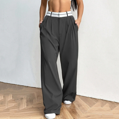 Eleganti pantaloni a gamba larga 💃 Fascia in vita a contrasto + vita alta ✨ Perfetti per il lavoro o per lo shopping 👜