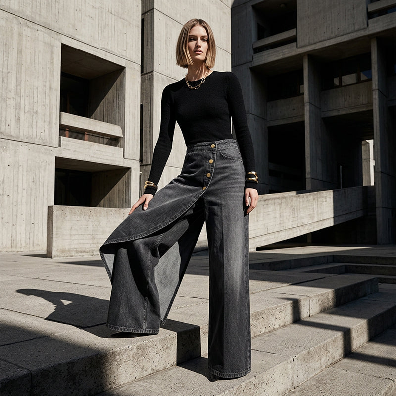 Jeans asimmetrici a portafoglio 👖 A metà tra slip e pantaloni, a vita alta per slanciare le gambe, taglio ampio e fluido, bottoni posizionati in diagonale: trasformati in una fashionista in un istante! ✨