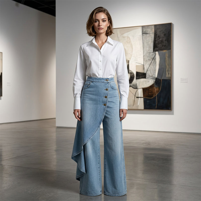 Jeans asimmetrici a portafoglio 👖 A metà tra slip e pantaloni, a vita alta per slanciare le gambe, taglio ampio e fluido, bottoni posizionati in diagonale: trasformati in una fashionista in un istante! ✨