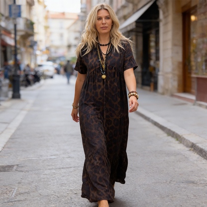 💃Abito con stampa leopardata🐆 Scollo a V, vita alta, design snellente, gonna fluida, maniche corte traspiranti, emana un'eleganza selvaggia in un istante! ✨