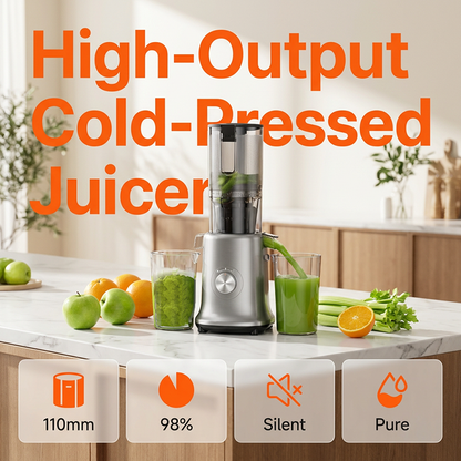 ✨🥤60% DI SCONTO + SPEDIZIONE GRATUITA🍎Spremiagrumi a freddo ad alta resa – Imbuto di alimentazione ultra largo da 110 mm, estrazione del succo al 98% e facile pulizia ⚡