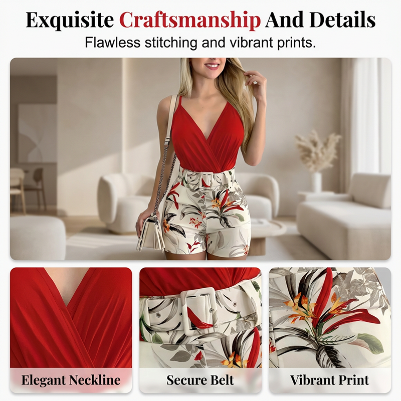 👗 SCONTO DEL 50%! 🌺 Set da 2 pezzi: top con scollo a V e pantaloncini – Stampa tropicale e vita alta – Leggeri, freschi e perfetti per la spiaggia, le vacanze o le calde giornate estive ☀️