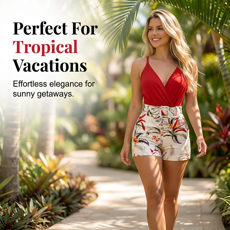 👗 SCONTO DEL 50%! 🌺 Set da 2 pezzi: top con scollo a V e pantaloncini – Stampa tropicale e vita alta – Leggeri, freschi e perfetti per la spiaggia, le vacanze o le calde giornate estive ☀️