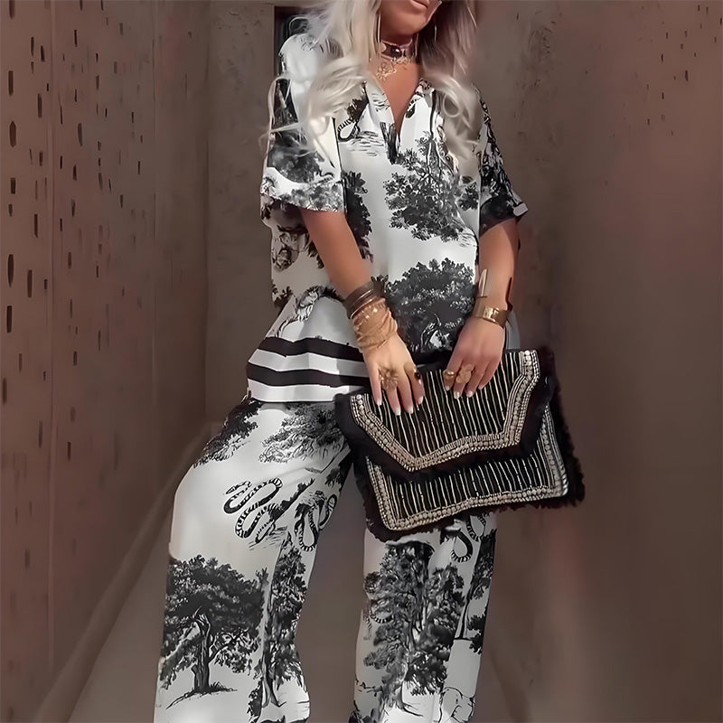 👚50% DI SCONTO! 🌸 Set casual da donna con stampa e scollo a V – Morbido e traspirante – Top con scollo a V e pantaloni lunghi 🍃