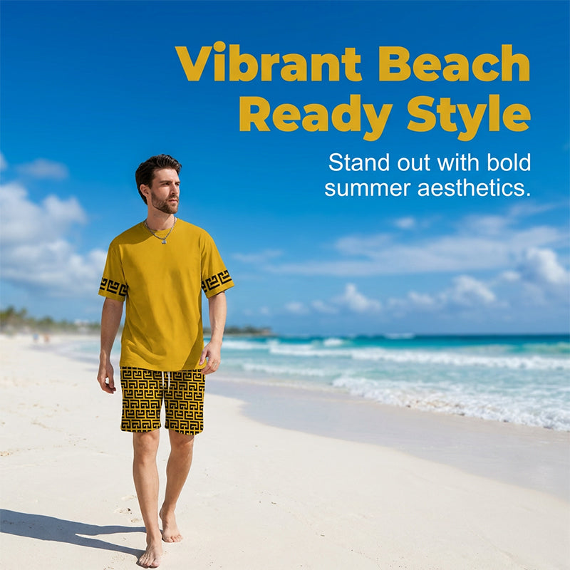 👕 SCONTO DEL 50%! 💛 Set da allenamento da uomo a maniche corte con stampa grafica gialla – Comodo, sportivo e perfetto per l'allenamento e il tempo libero – In cotone fresco e resistente alle smagliature 🔥