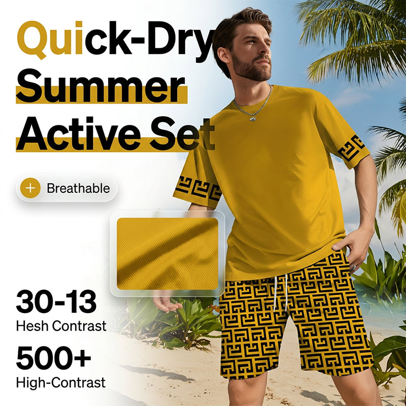 👕 SCONTO DEL 50%! 💛 Set da allenamento da uomo a maniche corte con stampa grafica gialla – Comodo, sportivo e perfetto per l'allenamento e il tempo libero – In cotone fresco e resistente alle smagliature 🔥