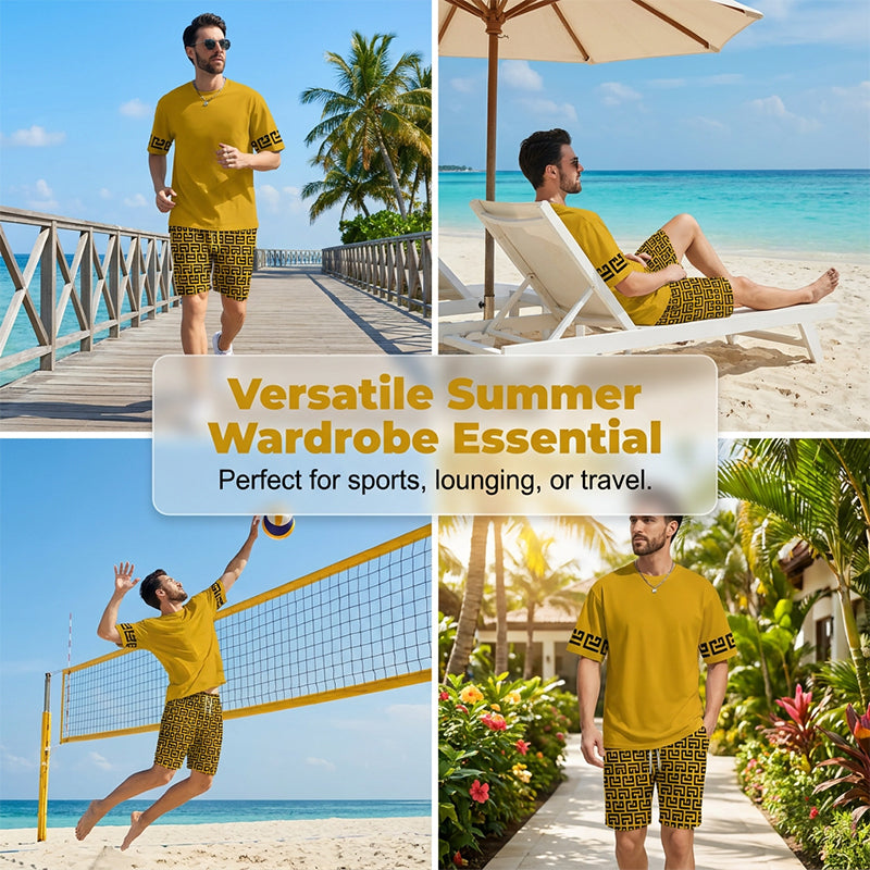 👕 SCONTO DEL 50%! 💛 Set da allenamento da uomo a maniche corte con stampa grafica gialla – Comodo, sportivo e perfetto per l'allenamento e il tempo libero – In cotone fresco e resistente alle smagliature 🔥