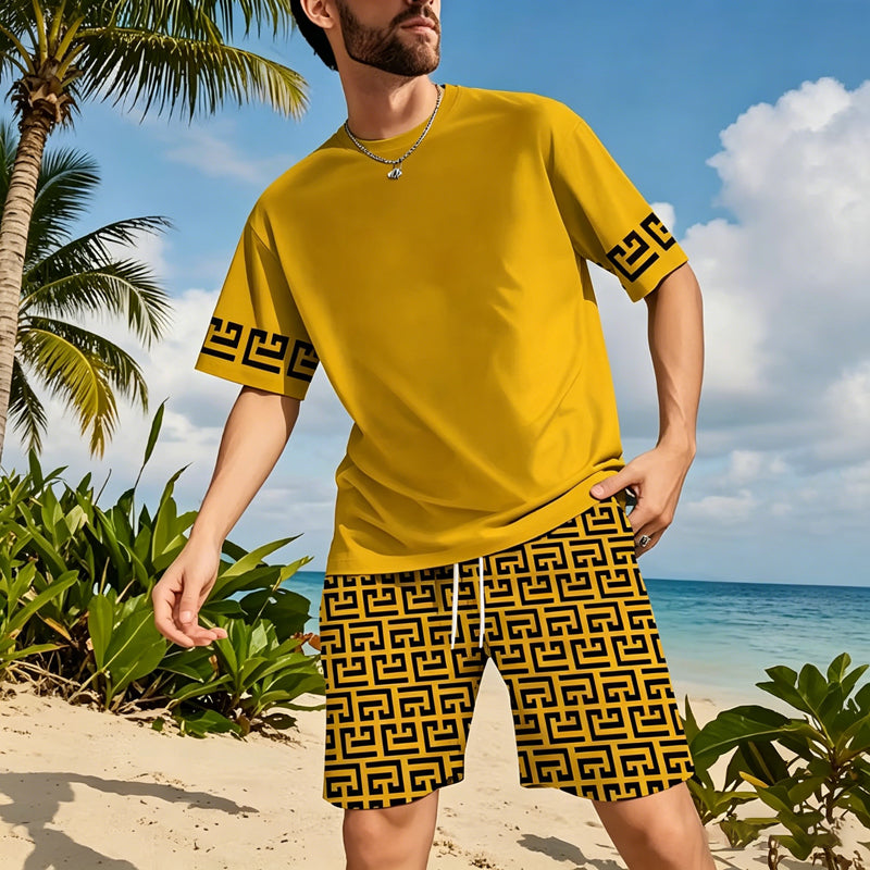 👕 SCONTO DEL 50%! 💛 Set da allenamento da uomo a maniche corte con stampa grafica gialla – Comodo, sportivo e perfetto per l'allenamento e il tempo libero – In cotone fresco e resistente alle smagliature 🔥