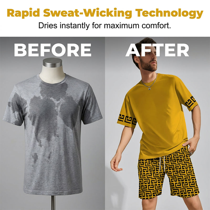 👕 SCONTO DEL 50%! 💛 Set da allenamento da uomo a maniche corte con stampa grafica gialla – Comodo, sportivo e perfetto per l'allenamento e il tempo libero – In cotone fresco e resistente alle smagliature 🔥