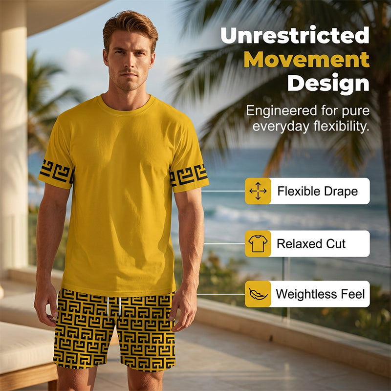👕 SCONTO DEL 50%! 💛 Set da allenamento da uomo a maniche corte con stampa grafica gialla – Comodo, sportivo e perfetto per l'allenamento e il tempo libero – In cotone fresco e resistente alle smagliature 🔥