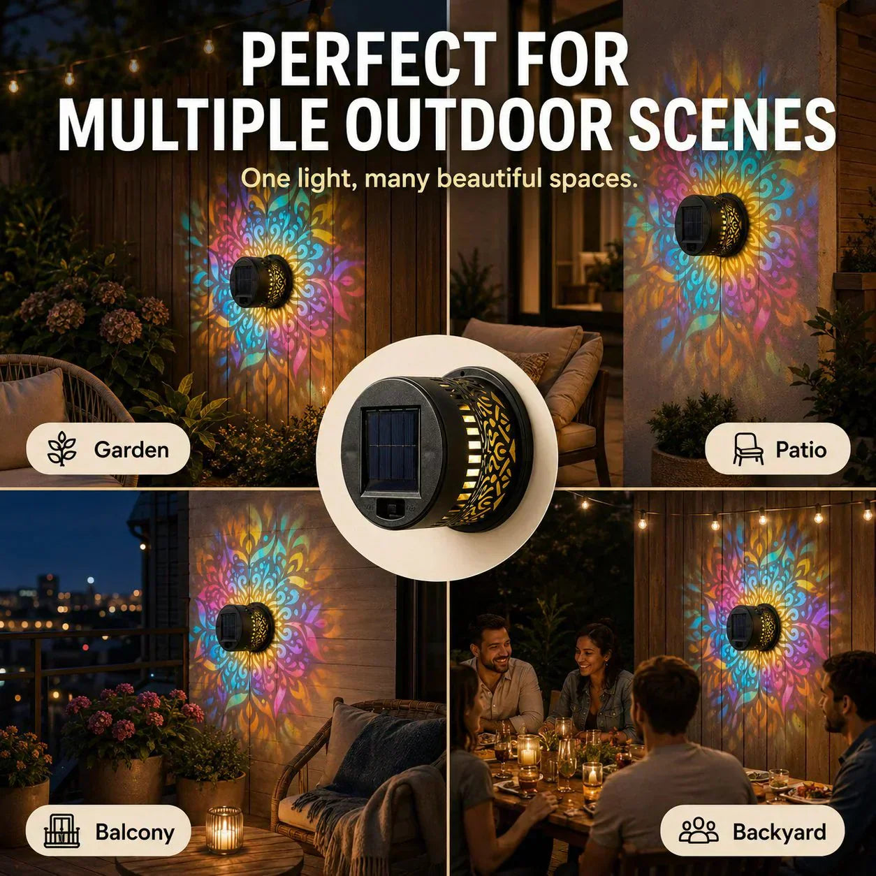 🌞50% DI SCONTO! 🌀 Luce solare a forma di mandala – Splendida proiezione di motivi, design 2 in 1 per pavimento e parete, impermeabile IP65 con accensione/spegnimento automatico 🌿