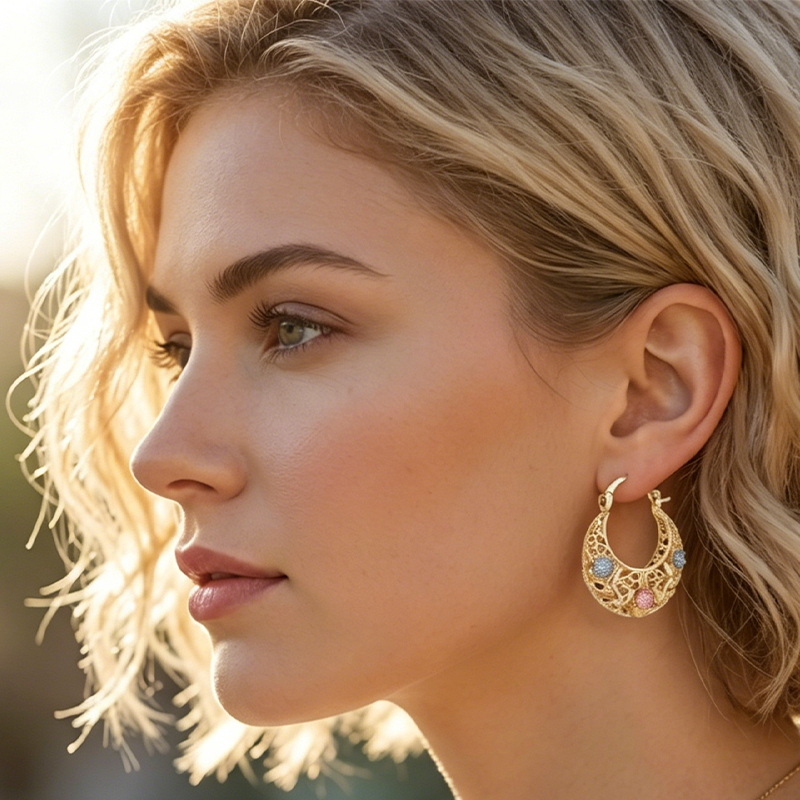 💛 SCONTO DEL 50%! 🌙 Orecchini a cerchio a forma di mezzaluna placcati in oro con fiori smaltati – Delicati e dal fascino floreale, perfetti per un look elegante da tutti i giorni o come idea regalo 🌸