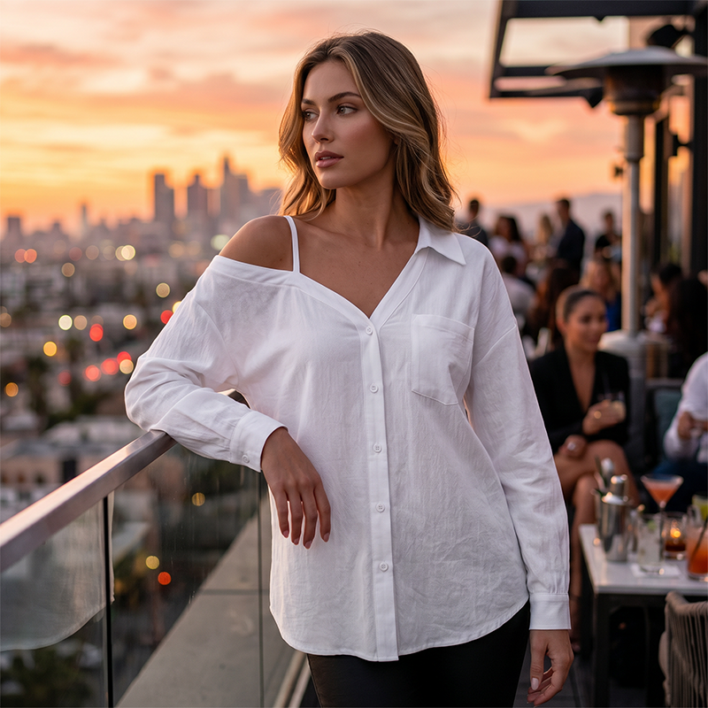 👚 SCONTO DEL 50%! ✨ Camicia da donna con spalle scoperte e abbottonatura – Asimmetrica, in tessuto stropicciato e con maniche lunghe – Leggera, casual e chic 💫