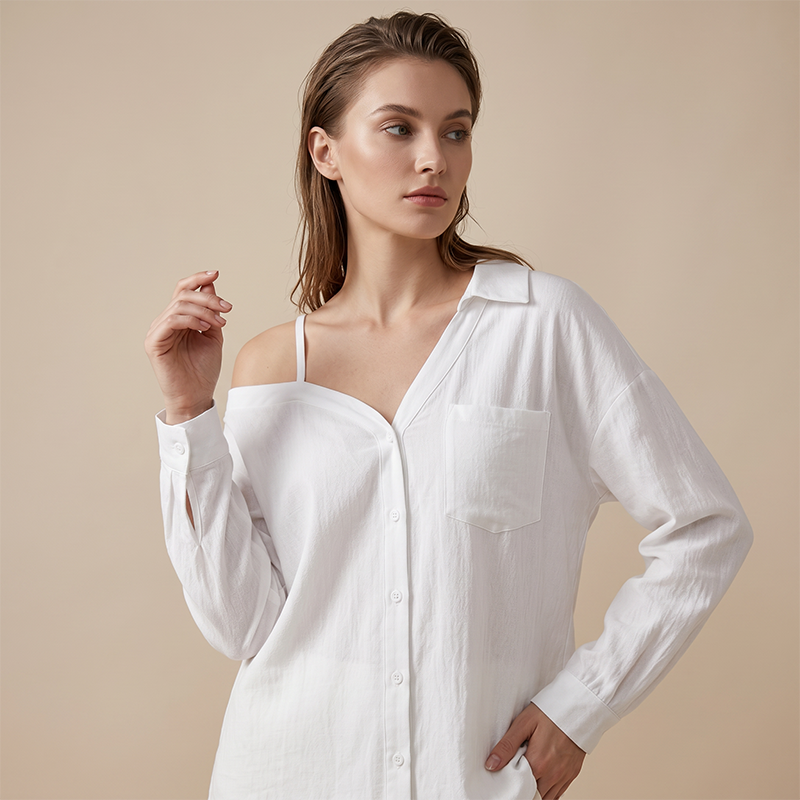👚 SCONTO DEL 50%! ✨ Camicia da donna con spalle scoperte e abbottonatura – Asimmetrica, in tessuto stropicciato e con maniche lunghe – Leggera, casual e chic 💫