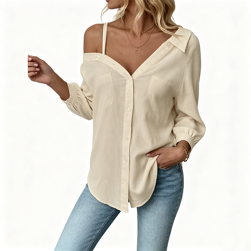 👚 SCONTO DEL 50%! ✨ Camicia da donna con spalle scoperte e abbottonatura – Asimmetrica, in tessuto stropicciato e con maniche lunghe – Leggera, casual e chic 💫