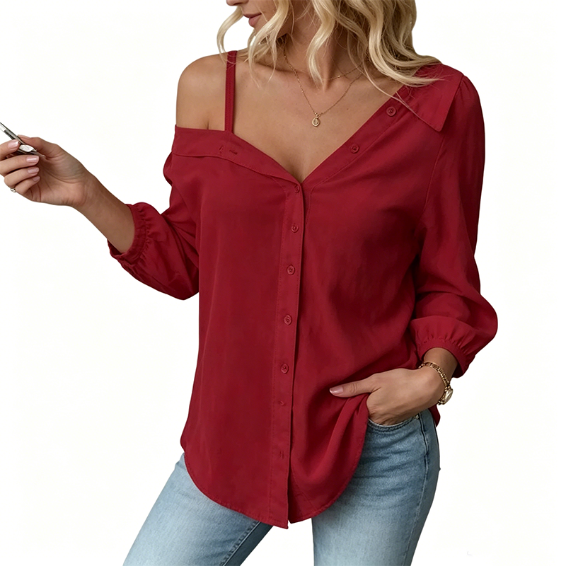 👚 SCONTO DEL 50%! ✨ Camicia da donna con spalle scoperte e abbottonatura – Asimmetrica, in tessuto stropicciato e con maniche lunghe – Leggera, casual e chic 💫
