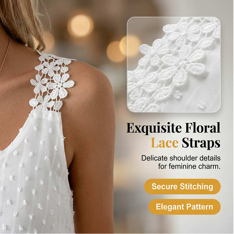 👚 SCONTO DEL 50% IN QUESTO MOMENTO!🎀 Elegante canotta con spalline in pizzo a pois – Chiffon traspirante e vestibilità morbida – Un capo indispensabile per l'estate 🌸