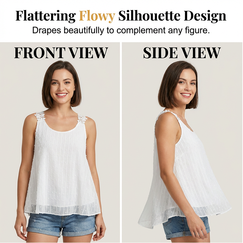 👚 SCONTO DEL 50% IN QUESTO MOMENTO!🎀 Elegante canotta con spalline in pizzo a pois – Chiffon traspirante e vestibilità morbida – Un capo indispensabile per l'estate 🌸