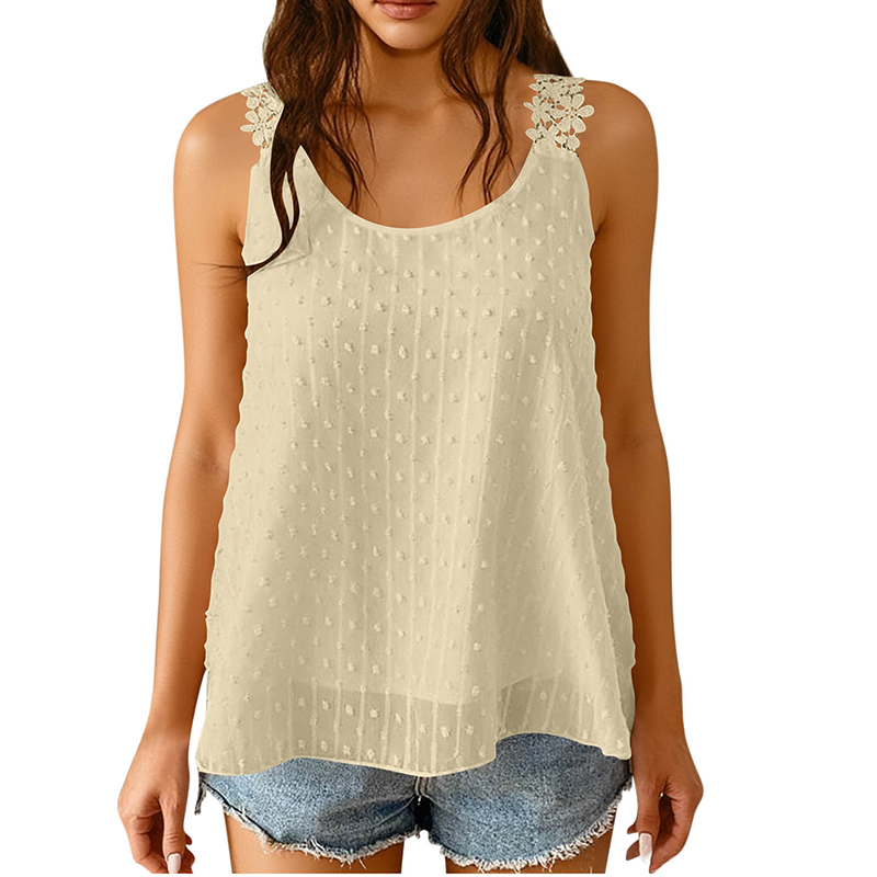👚 SCONTO DEL 50% IN QUESTO MOMENTO!🎀 Elegante canotta con spalline in pizzo a pois – Chiffon traspirante e vestibilità morbida – Un capo indispensabile per l'estate 🌸