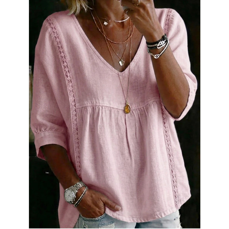 👚 SCONTO DEL 50% IN QUESTO MOMENTO! 🕊️ Top da donna con scollo a V e bordi in pizzo – scollo impero, maniche a 3/4 e linea fluida e vaporosa – romantico e comodo ✨