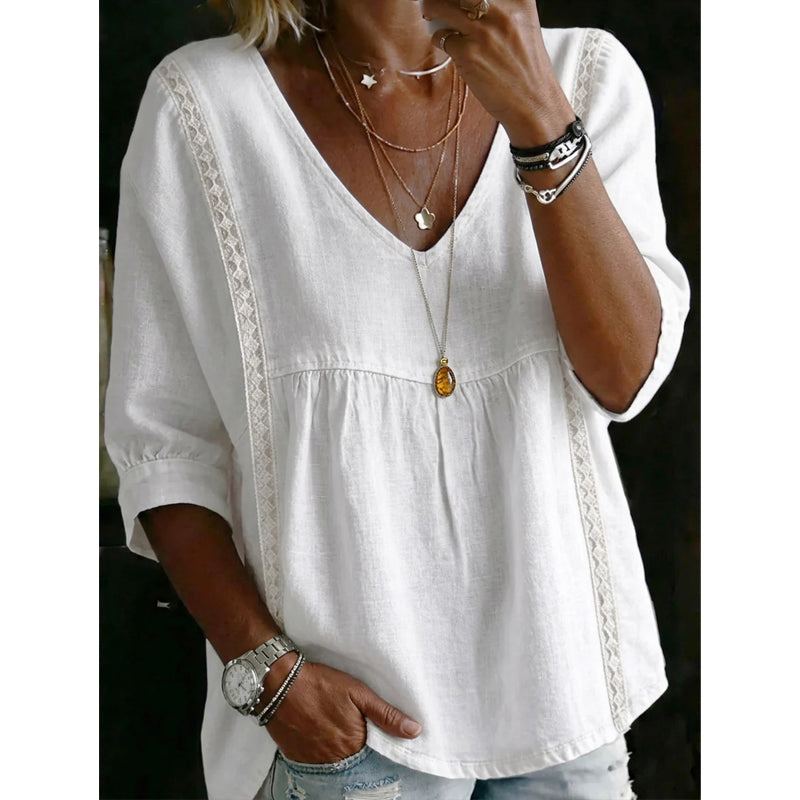 👚 SCONTO DEL 50% IN QUESTO MOMENTO! 🕊️ Top da donna con scollo a V e bordi in pizzo – scollo impero, maniche a 3/4 e linea fluida e vaporosa – romantico e comodo ✨