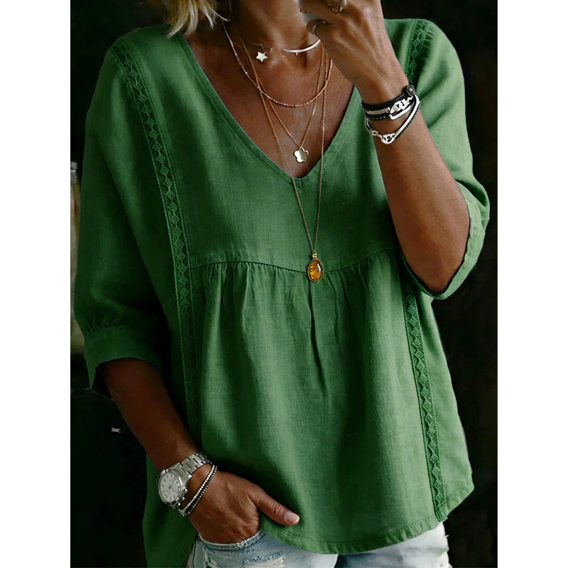 👚 SCONTO DEL 50% IN QUESTO MOMENTO! 🕊️ Top da donna con scollo a V e bordi in pizzo – scollo impero, maniche a 3/4 e linea fluida e vaporosa – romantico e comodo ✨
