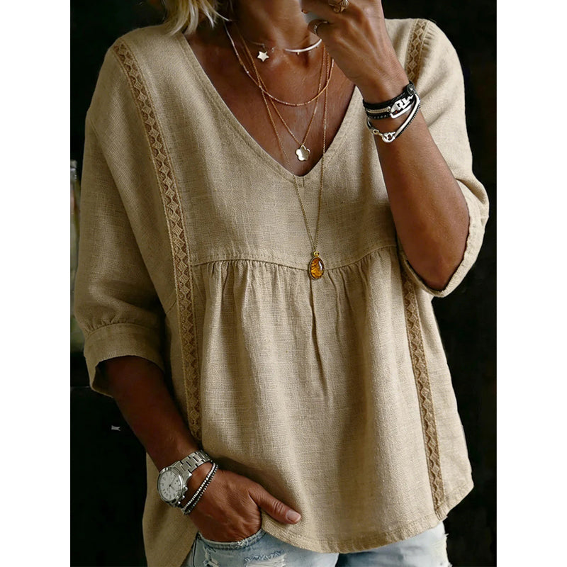 👚 SCONTO DEL 50% IN QUESTO MOMENTO! 🕊️ Top da donna con scollo a V e bordi in pizzo – scollo impero, maniche a 3/4 e linea fluida e vaporosa – romantico e comodo ✨