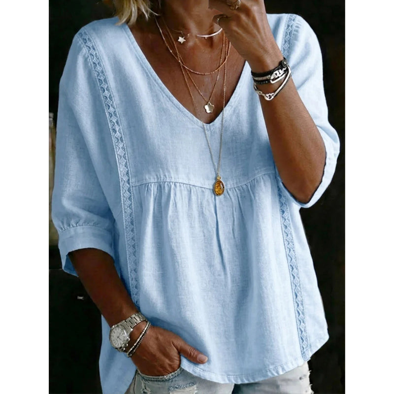 👚 SCONTO DEL 50% IN QUESTO MOMENTO! 🕊️ Top da donna con scollo a V e bordi in pizzo – scollo impero, maniche a 3/4 e linea fluida e vaporosa – romantico e comodo ✨