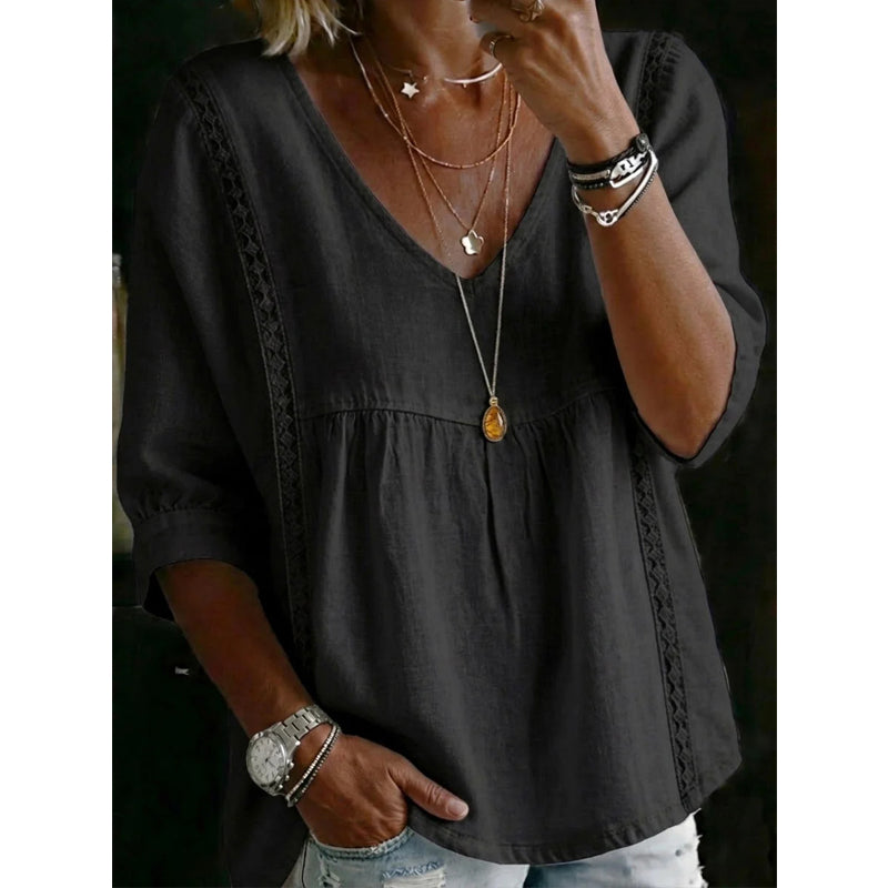👚 SCONTO DEL 50% IN QUESTO MOMENTO! 🕊️ Top da donna con scollo a V e bordi in pizzo – scollo impero, maniche a 3/4 e linea fluida e vaporosa – romantico e comodo ✨