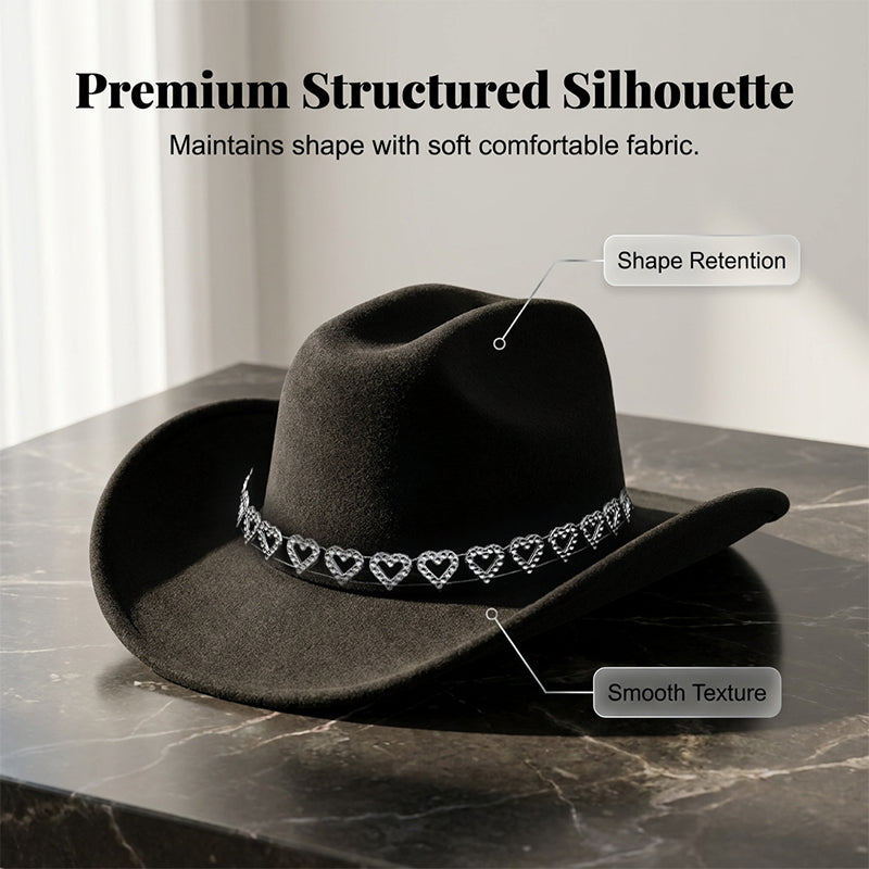 🤠 SCONTO DEL 50%! 💖 Cappello da cowboy da donna con cuore in strass – Elegante fedora in stile jazz francese – Dettagli scintillanti, leggero e regolabile – perfetto per festival, feste o per un look estivo chic 🎶