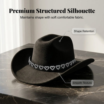 🤠 SCONTO DEL 50%! 💖 Cappello da cowboy da donna con cuore in strass – Elegante fedora in stile jazz francese – Dettagli scintillanti, leggero e regolabile – perfetto per festival, feste o per un look estivo chic 🎶