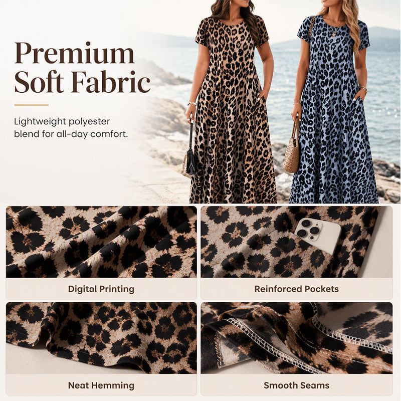 🐆 SCONTO DEL 50%! 👗 Abito lungo da donna con stampa leopardata e tasche, abito casual con maniche corte – Comodo