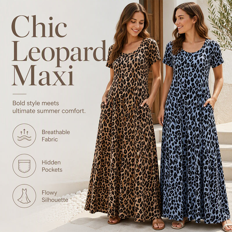 🐆 SCONTO DEL 50%! 👗 Abito lungo da donna con stampa leopardata e tasche, abito casual con maniche corte – Comodo