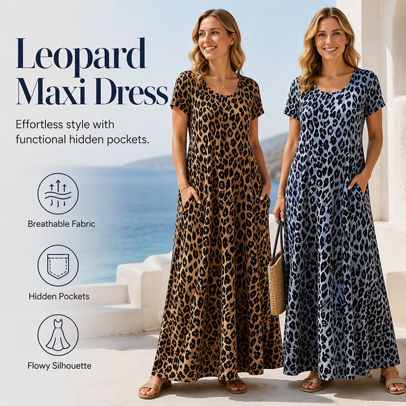 🐆 SCONTO DEL 50%! 👗 Abito lungo da donna con stampa leopardata e tasche, abito casual con maniche corte – Comodo